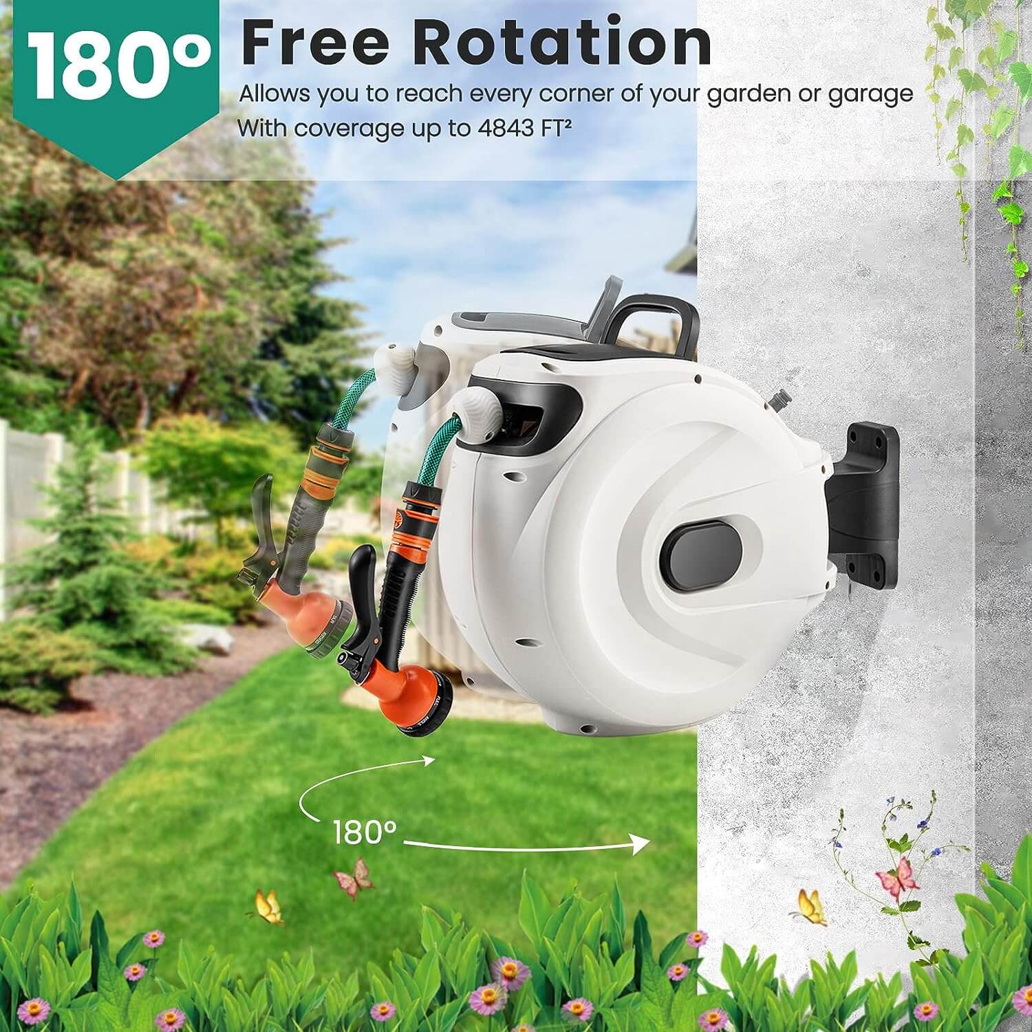 Our retractable hose reel can be installed to the wall with the included 180° swivel mounting bracket. The 104.5FT (98FT+ 6.5FT ) water hose with 180° swivel bracket offers large coverage area and allows you to reach every corner of your garden.