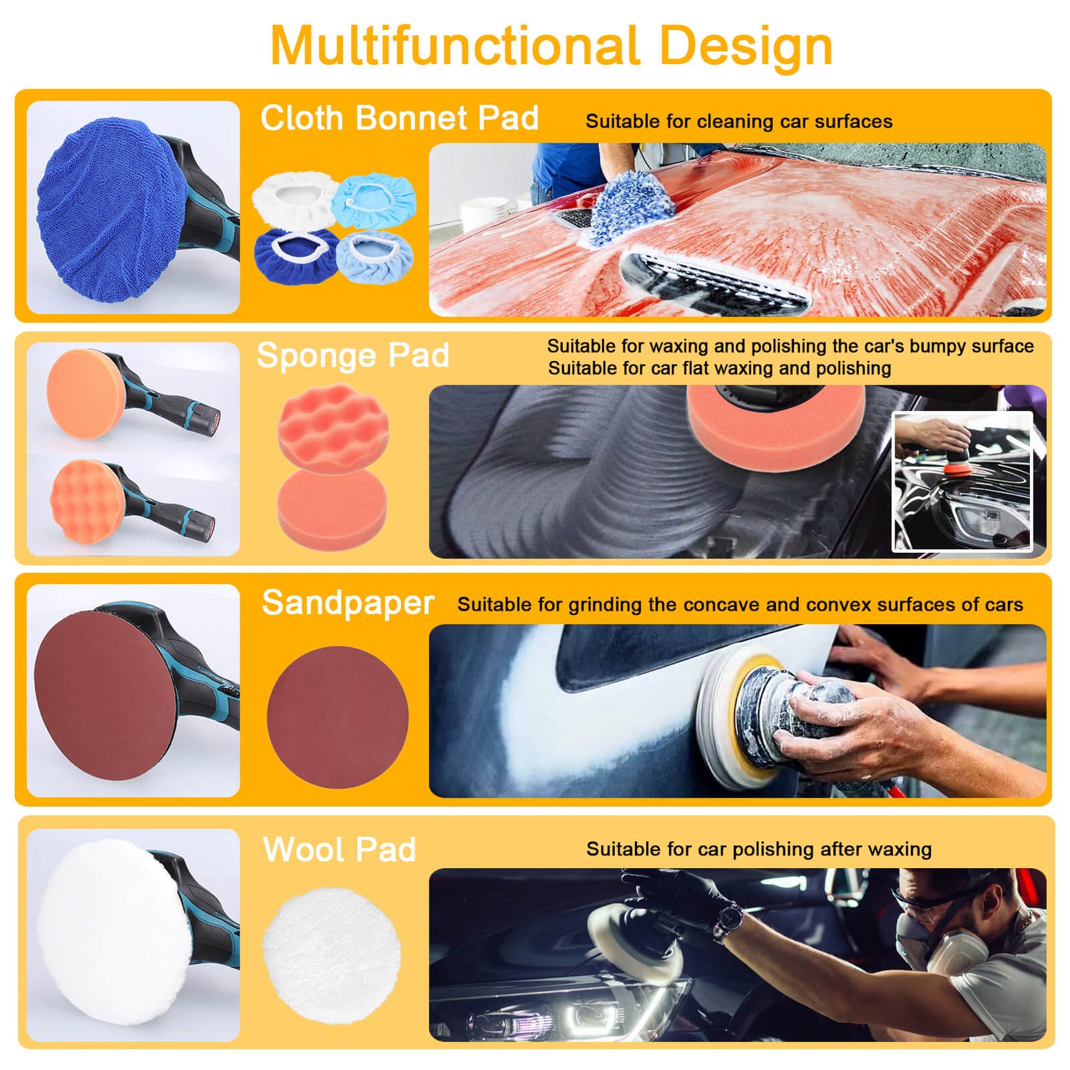 9 different cleaning pads, much more than others, effort you to replace according to your advanced cleaning and polishing, help you advanced more efficiently polishing, easy to install and removable, reusable and washable.