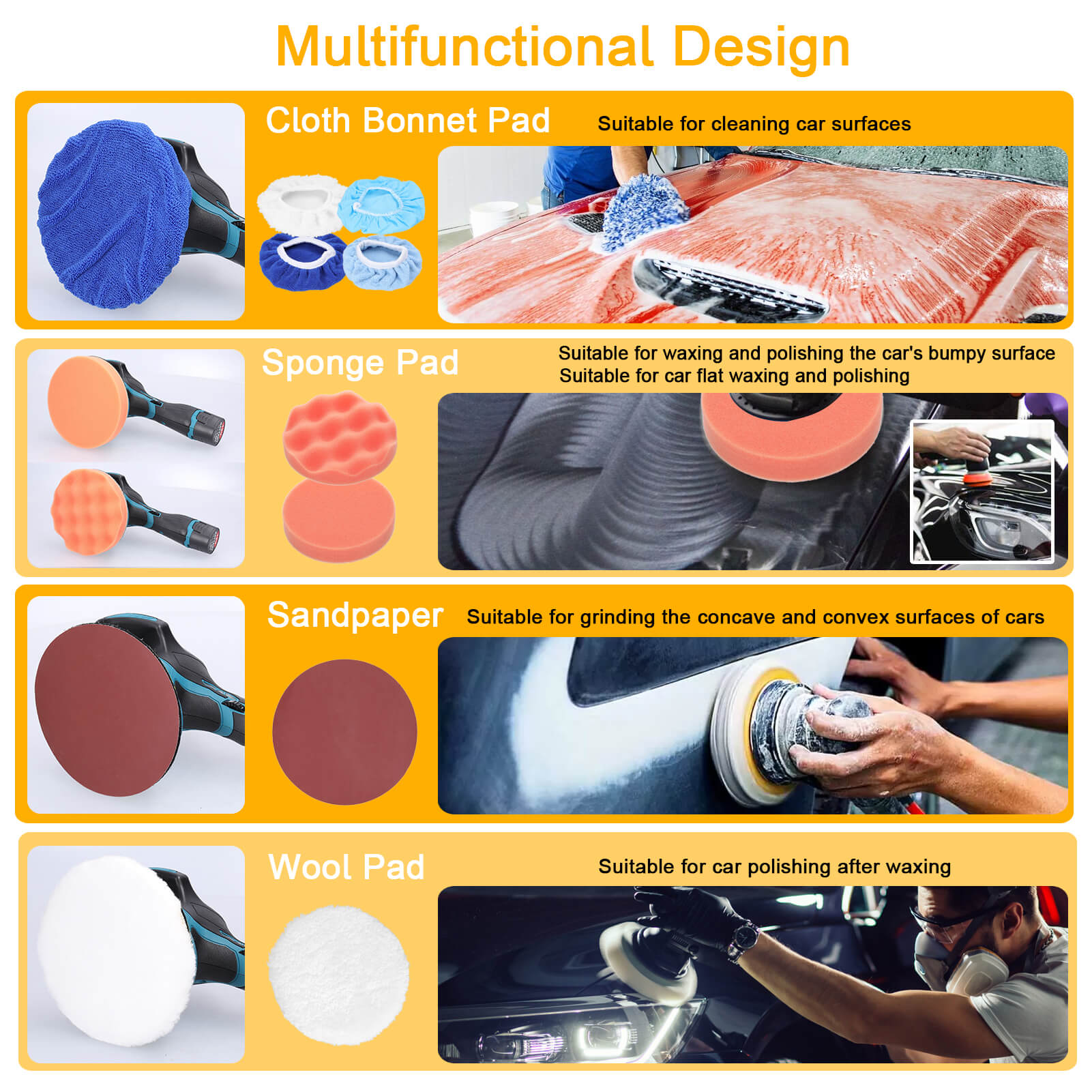 9 different cleaning pads, much more than others, effort you to replace according to your advanced cleaning and polishing, help you advanced more efficiently polishing, easy to install and removable, reusable and washable.