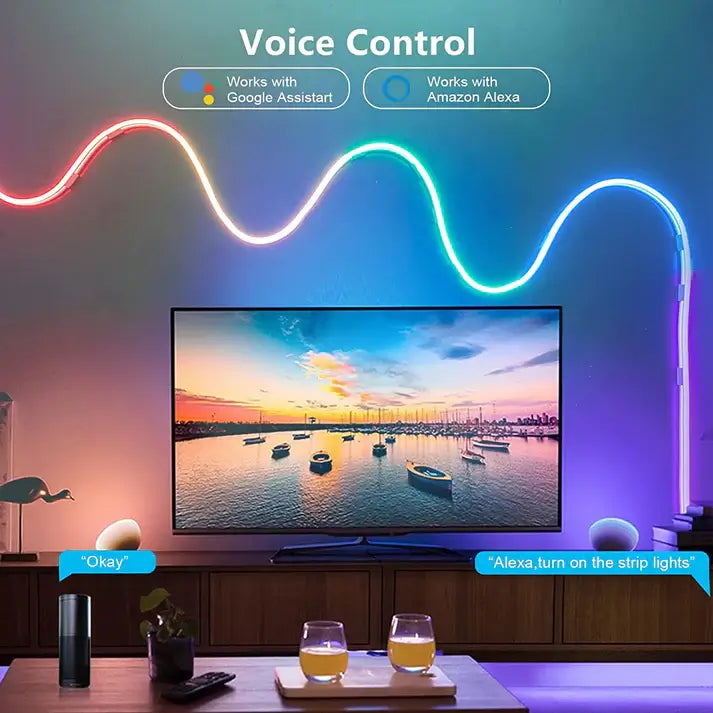 Pair your lights with Alexa and Google Assistant to access smart voice control features. Get hands-free access to various functions on the TUYA app, such as DIY colors, 20 preset scene modes, music mode, microphone and multi-functions such as timing, brightness, speed adjustment and more.