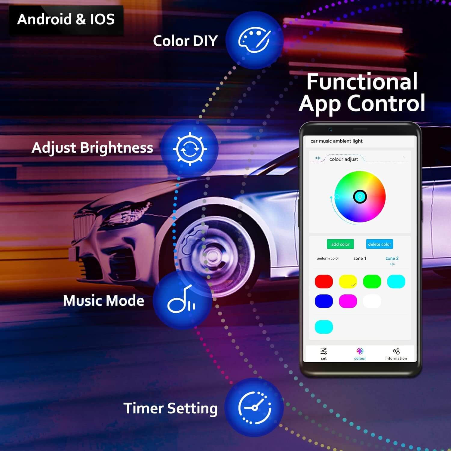 Use APP control after Bluetooth connected with the led lights for car: 16 million colors, 213 color modes(jump, gradual change, strobe), brightness 0%-100%, speed 0%-100%, voice control mode, music mode, timing function.