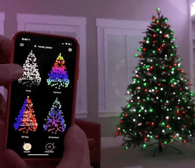 We are equipped with 400 RGB LED lights. You can choose from 16 million colors, enjoy 11 dynamic scenes, and explore 44 patterns. Plus, there are 68 fun GIF displays and 6 music modes to create a unique holiday atmosphere. You can also easily control brightness, speed, color mode, scene and timer settings through the APP or remote control.