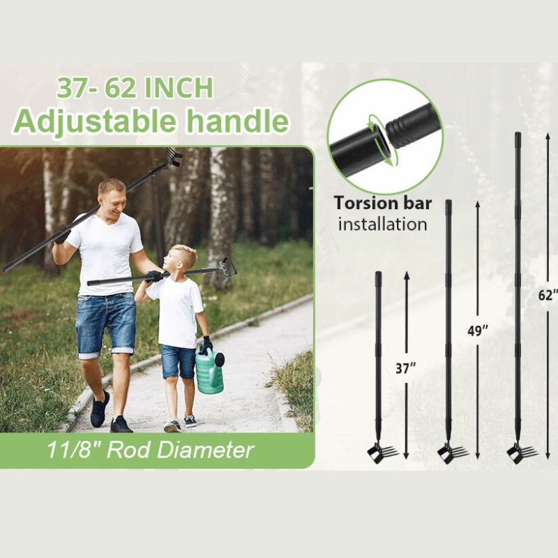 Adjust the handle length of this garden hula hoe and rake to 37", 49" or even 62" Inch by adding or removing extensions. Meets different height requirements and usage habits, providing you with maximum comfort and preventing bending over!