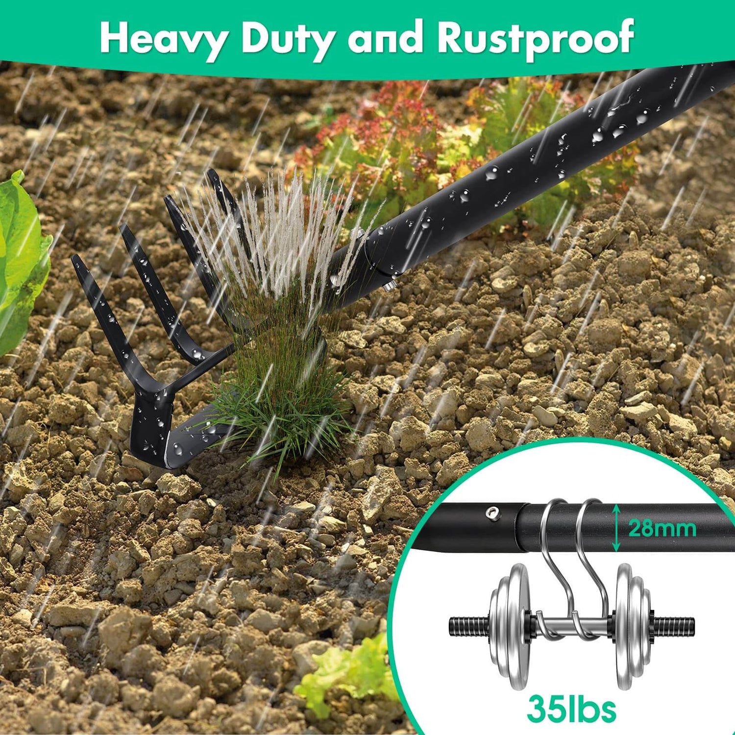 Made from premium 1.3-inch-thick diameter steel, this heavy-duty garden tool is Sturdy and Rust-Resistant, and designed to withstand the toughest roots, bricks, and soil, it resists bending, cracking, or falling apart.