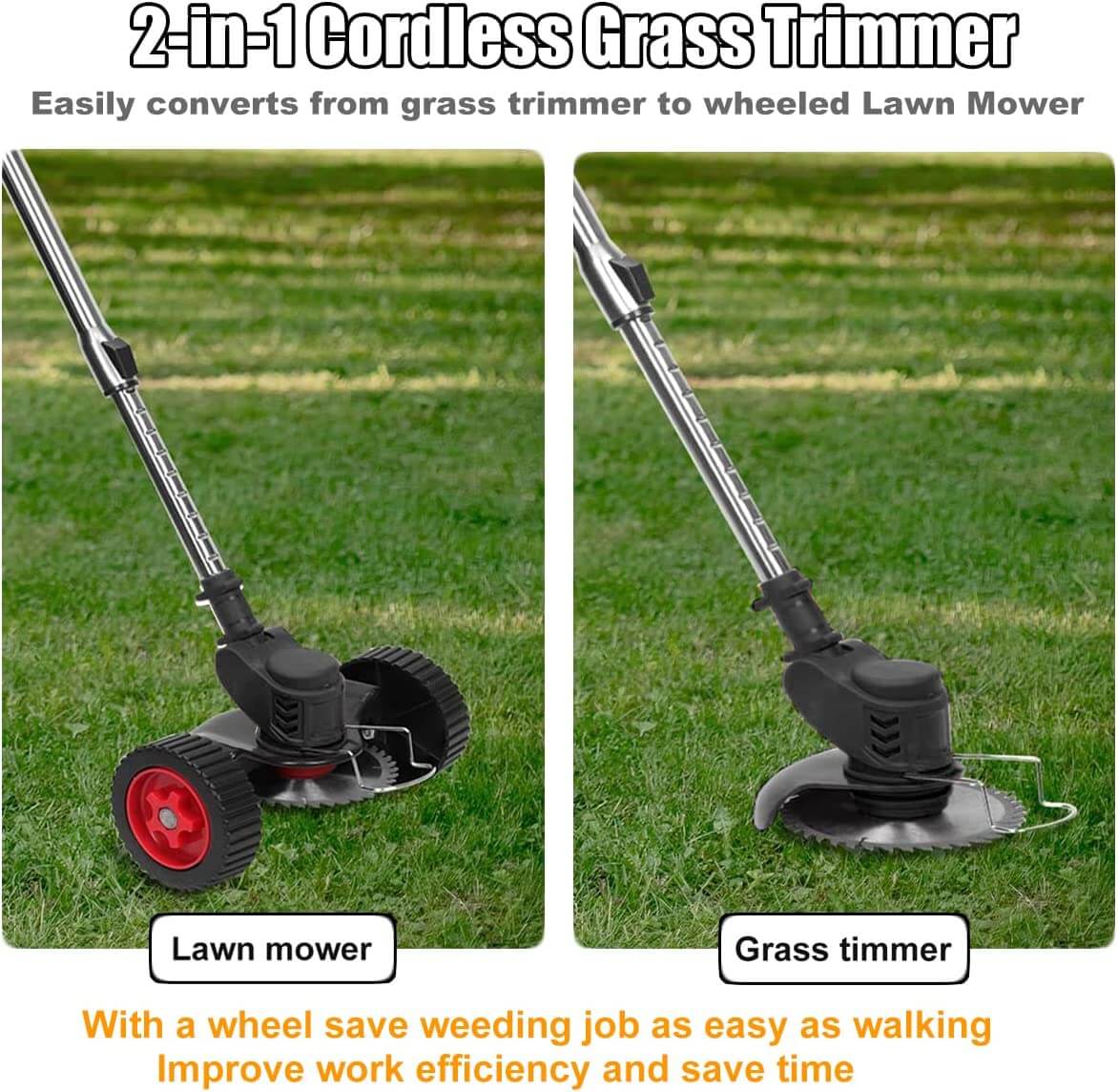 An all-in-one cordless push lawn mower, trimmer and edger. Easily converts from weed eater to wheeled Lawn Mower. Make your weed eater the envy of the neighborhood.