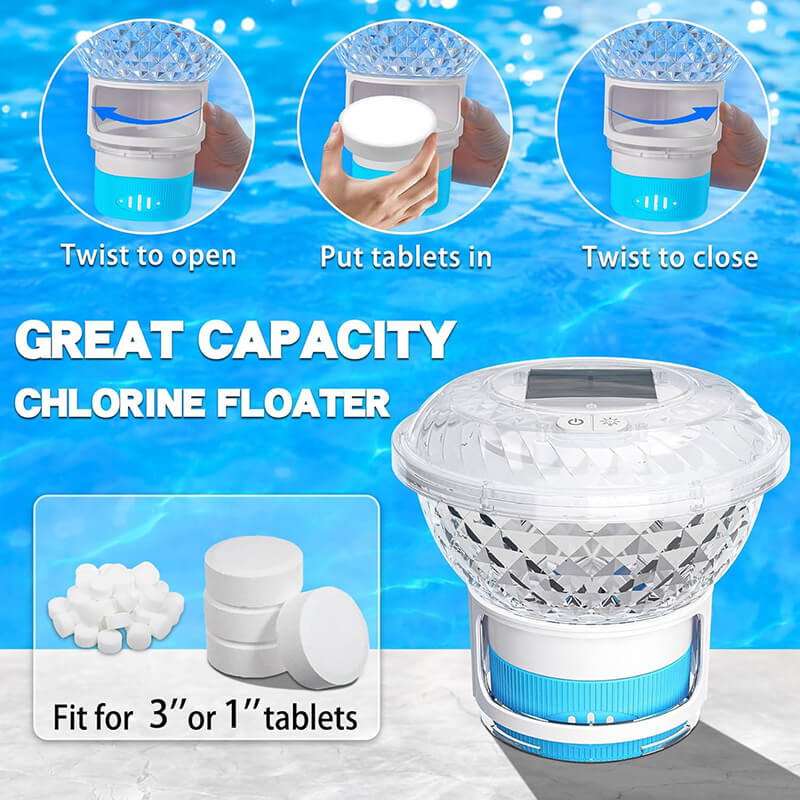 Several can be put in at a time, and the flow can be adjusted according to your pool size. Sun protected for longer chlorine life, HTH Chlorine Tabs dissolve slowly and last up to one week. Use for all pool types, including saltwater systems; Use in floater, feeder, or skimmer basket and iToolMax Solar Pool Chlorine Floater with Colorful Light.