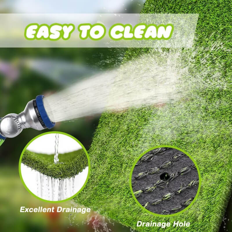 With built-in drainage holes, turfgrass ensures quick water runoff, no watering and mowing! Quick air dry to eliminating puddles even after heavy rain. Cleanup is a breeze—simply rinse with soap and water, and let air-dry.