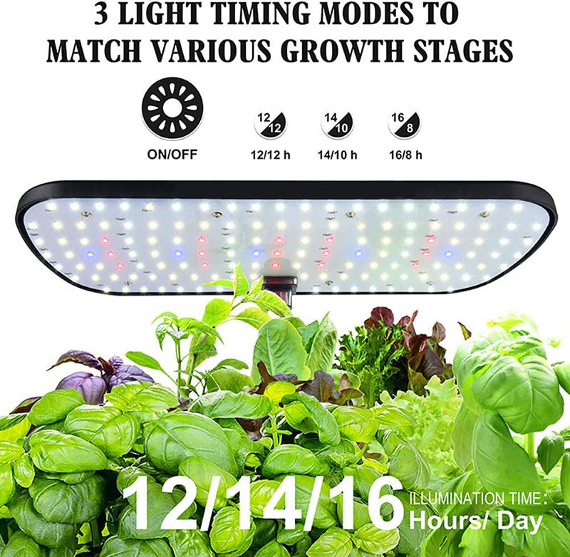 3 grow light mode features a 12/14/16-hour grow light timer.Mode1 Vegetable: ON for 12 hours and OFF for 12 hours every day.Mode2 Spices/Succulents: ON for 14 hours and OFF for 10 hours every day.Mode3 Fruits: ON for 16 hours and OFF for 8 hours every day