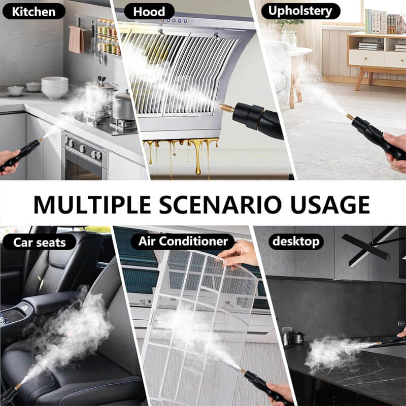 Natural deep cleaning with steam, without any irritating chemicals to remove dirt, avoiding the harm of chemical agents to the human body. Widely used in kitchens, bathrooms, furniture, air conditioner, cars, heavy machinery, etc.