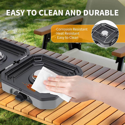 Made of heat-resistant steel with a durable, non-stick, rust-resistant coating, this foldable camping stove features upgraded steel grill plates for easier cleaning. It’s wind-resistant, fits most propane bottles, and includes non-slip grates with a secure snap-on design for stable outdoor cooking.