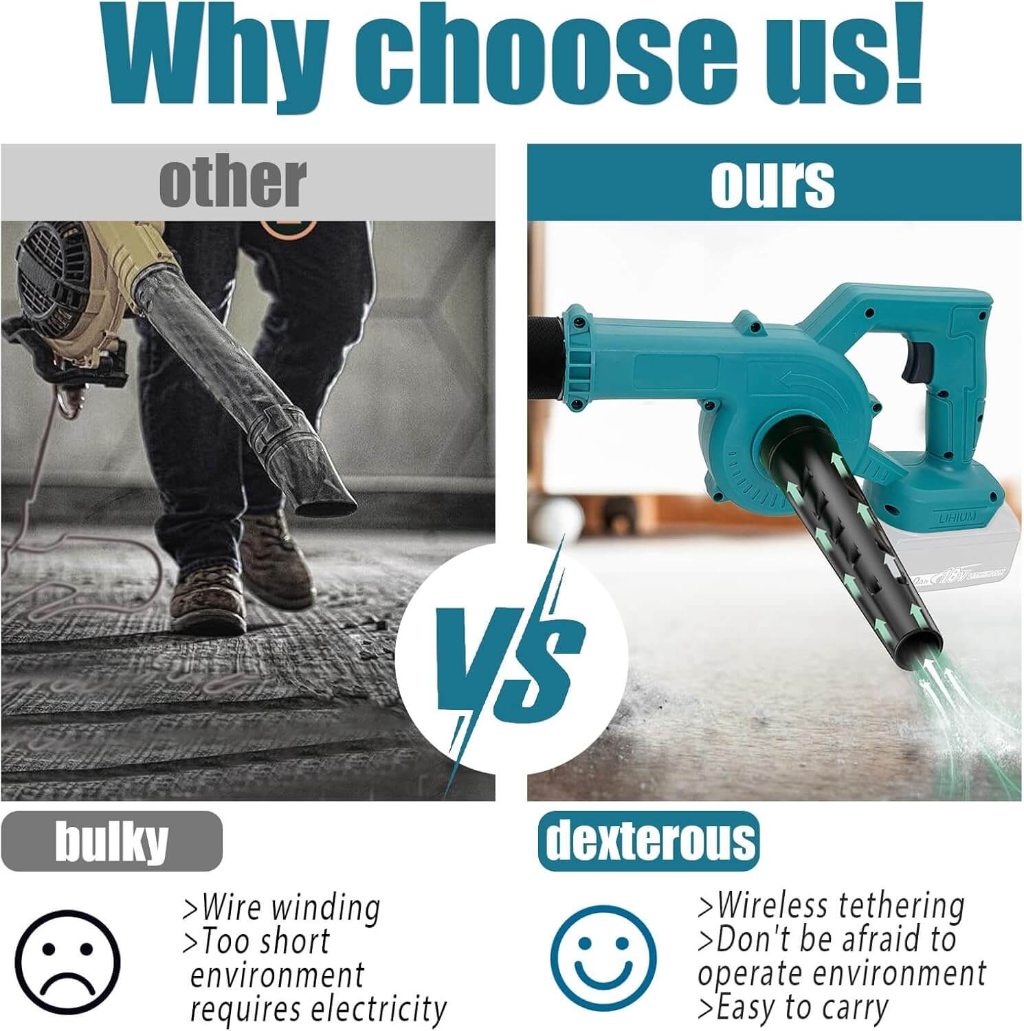 Say goodbye to the hassle with our innovative 2 in 1 Cordless Leaf Blower & Vacuum! You no longer have to carry a traditional bulky hair dryer, nor do you need to be bound by wires. You can move your hair dryer freely to clean anywhere.