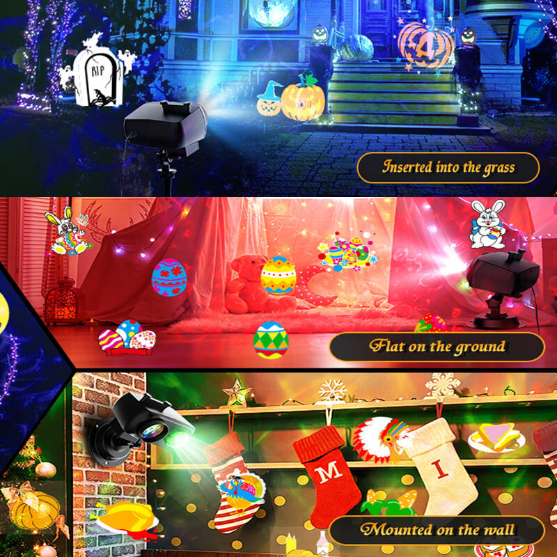 Our 2 in 1 decoration project lights is IP44, can install indoor and out door, used under -4-104℉(-20-40℃). And comes with screw and ground plug, can wall-mounted in your house and plugged on the ground in your lawn except for placing.