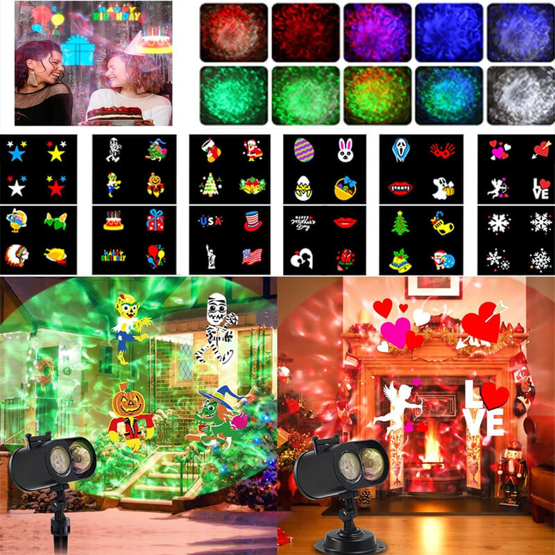 Comes with 12 themed slides, including Christmas, Halloween, Valentine's Day, Thanksgiving, Easter, Independence Day, Mother's Day, New Year, Birthday, Snowflakes, Fireworks, and solar system types. It also has 10 water ripple effects, which can create 120 projection effect combinations, suitable for a variety of festivals and daily decorations.