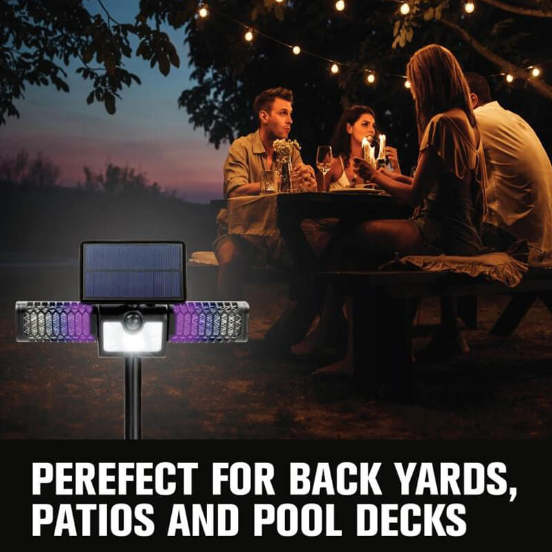iToolMax 2 in 1  solar mosquito zapper & flood light, solar-powered, not only emits ultraviolet light to attract mosquitoes automatically and kill them accurately, no mosquito in 1200 sq.ft/110㎡ and 360°, but also with LED light to brighten your space. Perfect for patios, camping, and backyard nights.