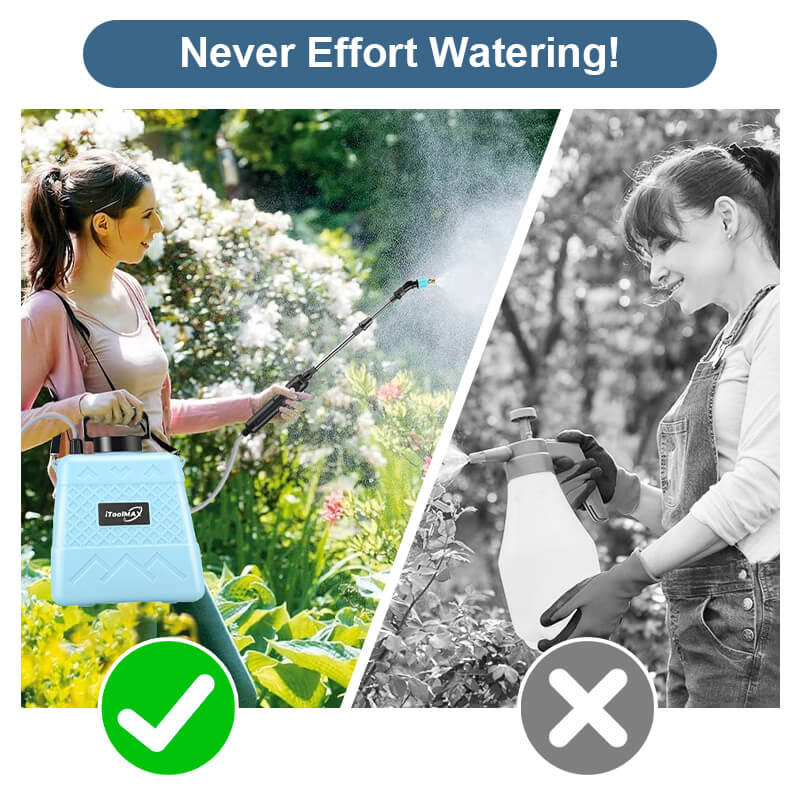 Abandon manual pump sprayers, no more hand fatigue, tackle any spraying job with ease using our battery powered sprayer. Just press a button for a consistent, powerful spray! Lightweight, efficient, and easy on your hands—get more done with less effort! Perfect for gardening, cleaning, or pest control.