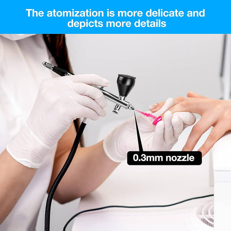 The nozzle diameter of only 0.3mm, which allows for a more precise coloring, detailing, gradient color, and provides better control of paint flow to reduce overspray, no waste, and save more raw materials.