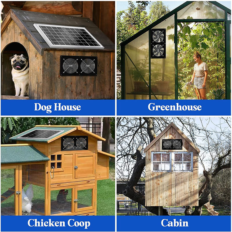 The solar fan is equipped with a 16.4FT/5m extension cable, so you can install it anywhere, such as in greenhouses, chicken houses, sheds, dog houses, window vents, barns, cowsheds, RVs, treehouses, attics, etc.