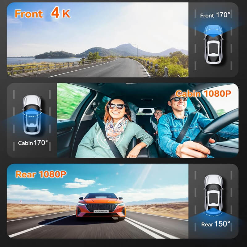 170° front camera len: Capture the road ahead view.170° interior len: Monitoring the cabin conditions.150° rear len: Monitor activities behind your vehicle with precision.The 3-channel footage can be displayed on the same screen and viewed at any time, giving you peace of mind on every trip.