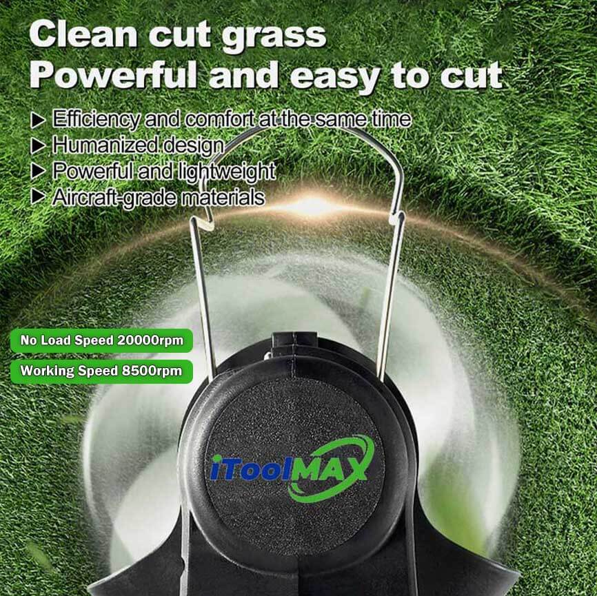 The grass trimmer with 1800W high-power brushless motor and cutting speed up to 20,000 RPM runs smoothly and quietly with no vibration. Combines maximum efficiency and ease of use.