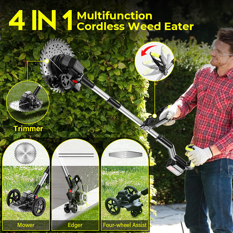 Trimmer – Easily cuts overgrown grass and weeds in hard-to-reach areas.Edger – Creates clean, sharp borders along sidewalks, driveways, and flower beds.Mower – Handles small lawn patches with precision for a neat, even cut.Four-wheel Assist – Professional weed remover, more stable and smoother weeding.