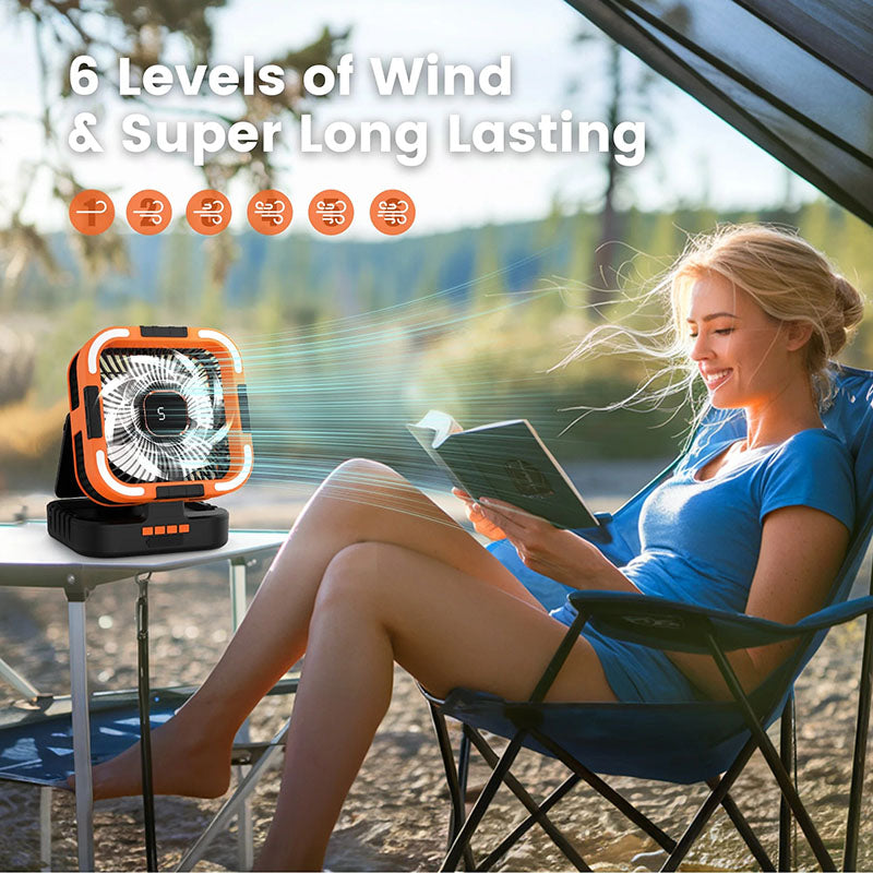iToolMax solar camping fan combines a cooling fan, bright LED light, and a reliable power bank. For the first time, photovoltaic conversion is applied to fans, with a 300% increase in battery life. It is foldable and lightweight, making it your preferred outdoor companion.