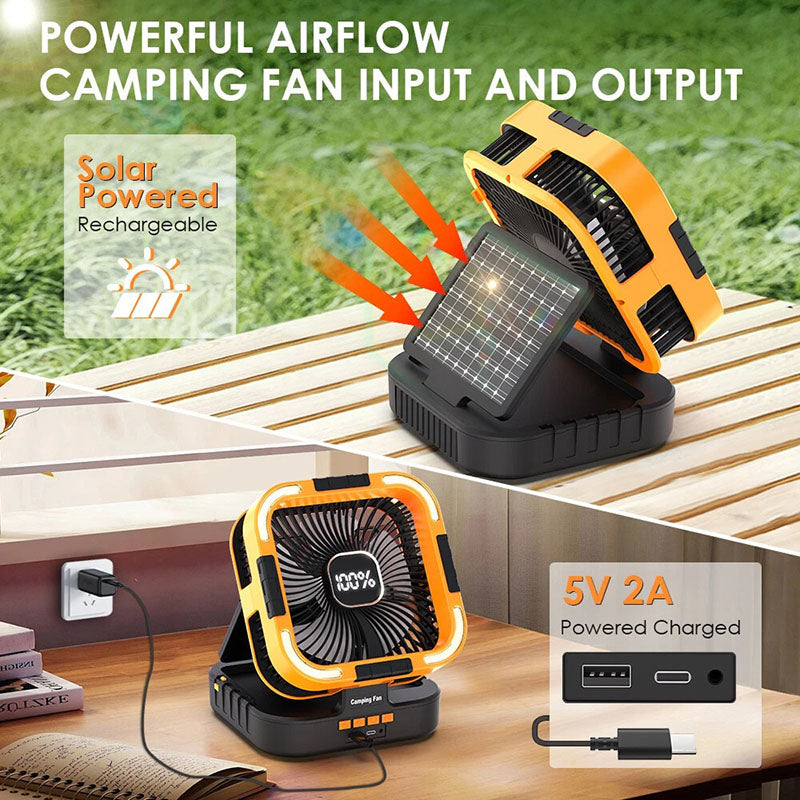 2 charging ways with a solar-powered and 10000mAh rechargeable battery, it powers your fan and charges your phone or USB devices outdoors, solve the anxiety problem of outdoor electricity use. Stay powered day or night, perfect for people who are campers, hikers, power outages, and off-net adventures!