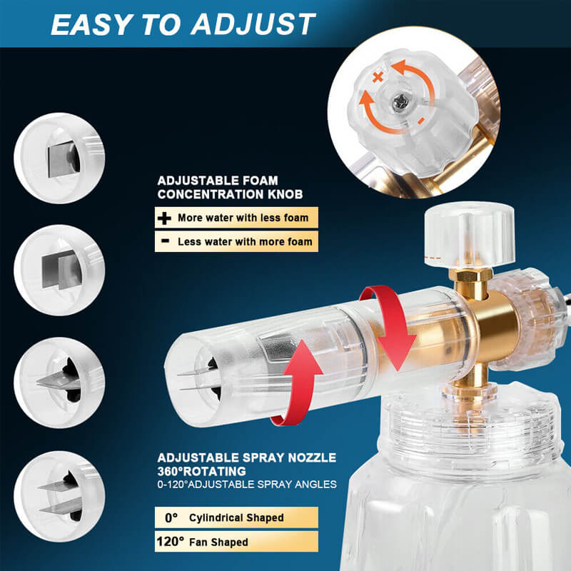 The adjustment knob can control the foam concentration, and the 360° rotating nozzle can adjust the 0-120°spray angle. This flexibility making it easier to tackle different cleaning tasks.