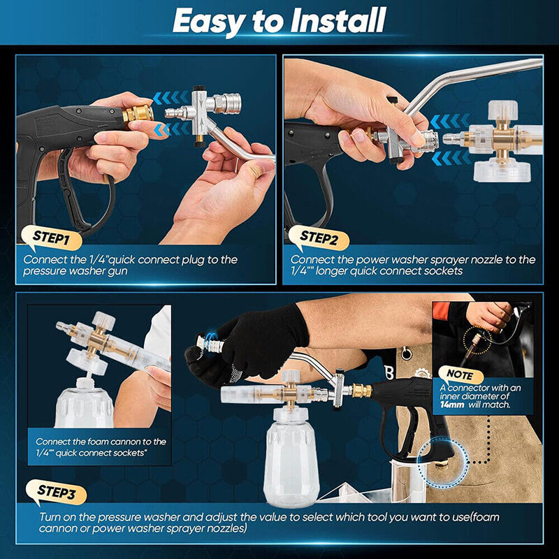 With a 1/4" quick connector, fast to connect and smooth water flow. Direct connection without additional tools, just one hand to foam and rinse, the other hand using a car wash glove,1 step to complete. Use without leakage. The washer gun fits all 14mm inner diameter interface high pressure washer. If you need 15mm interface, please contact us.