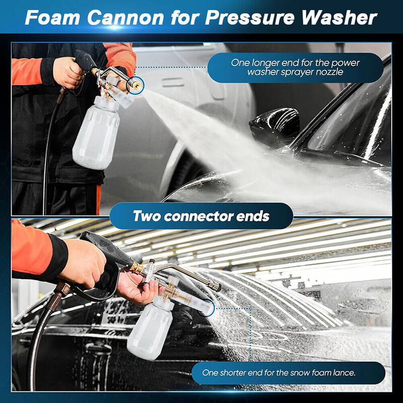 Features a dual-connector design with both the foam cannon and a nozzle. Just a simple press of the built-in valve, you can instantly toggle between foam and rinse modes, without trouble of disassembly or reconnection. Faster control with smooth water flow, and is built for long-lasting durability.