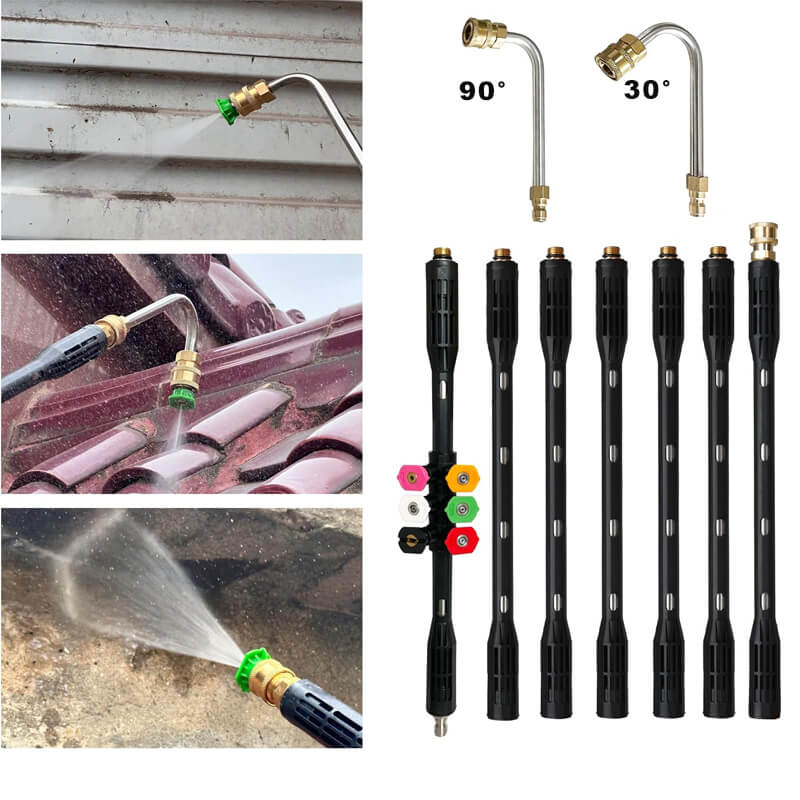 Comes with a 30° U-shaped attachment rod, a 90° curved attachment rod and,  suitable for all pressure washers with 1/4" quick connector, or the nozzle tip can be connected directly to the pressure washer gun.