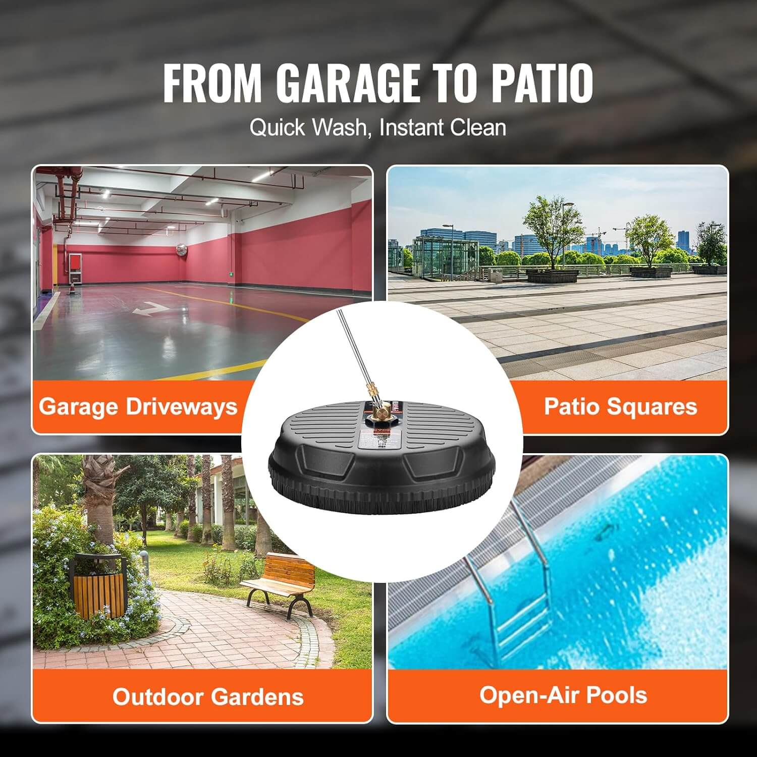 Clean horizontal surfaces like driveways, garage floors, sidewalks, and even vertical areas like garage doors and home sidings.