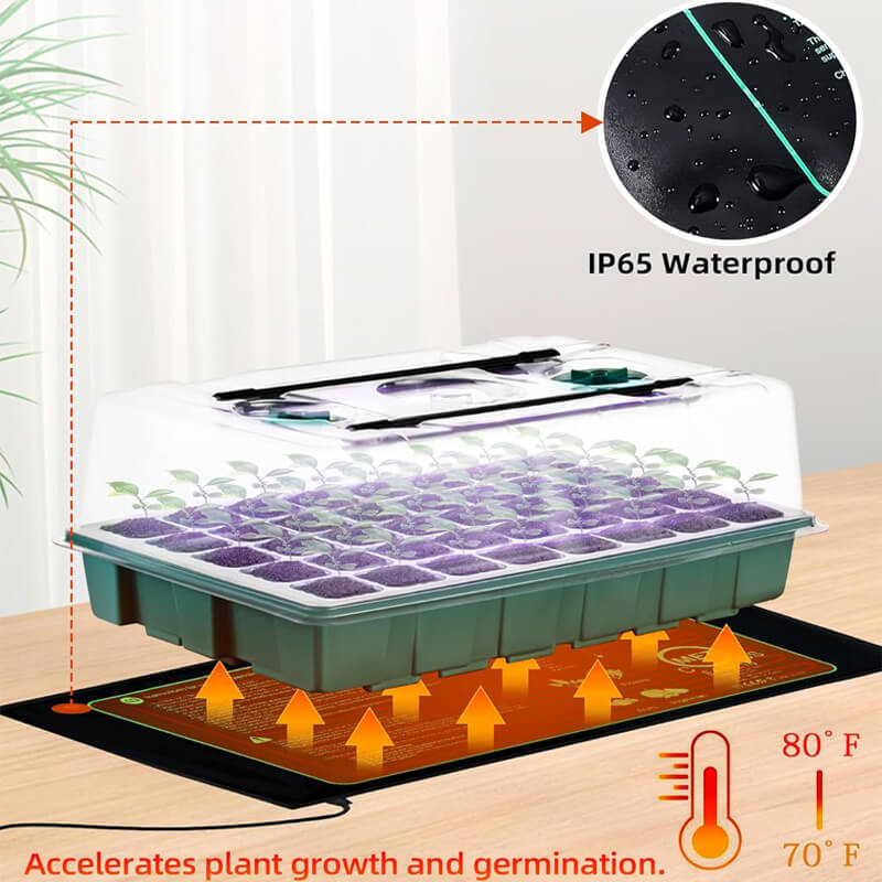 Maintains 70â85°F (24â30â) for consistent warmth and faster sprouting. Advanced heating wire and insulation with overheat protection, safe for 24/7 use. Waterproof, durable, and flexibleârolls up for easy storage, encased in waterproof PVC.