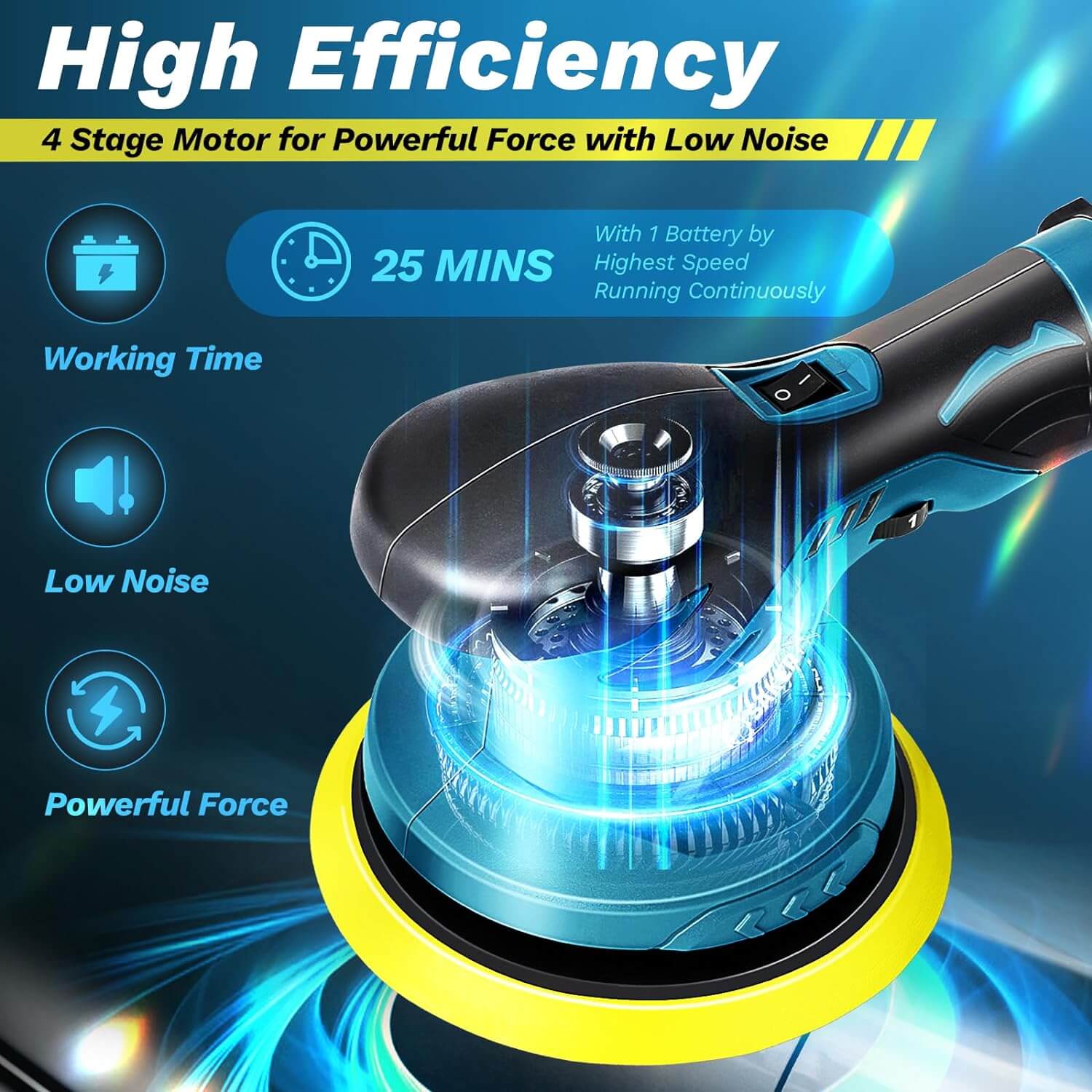 Featured copper brushless motor, stronger power, higher efficiency, are known for their efficiency in converting electrical energy into mechanical power, resulting in reduced energy consumption and longer battery life, more effectively polish, buff, and wax the vehicle's surfaces with ease.