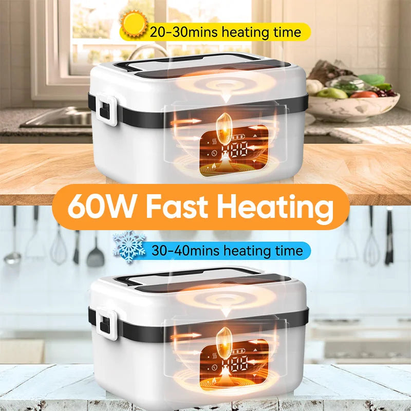 Built-in high capacity battery, enjoy up to 5 meals on a single charge. You can set the appointment heating time at 30-240 mins(default heat 30 mins), or set the timer to heat for 20-60 mins instantly. It takes 20-30 mins to heat food at normal temperature, and 30-40 mins to heat food out of the refrigerator. And you can also set the heating temperature to 149-194â (65-90â).