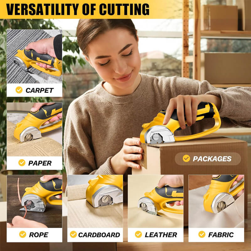 Cordless Electric Scissors are designed to cut various materials like paper, cardboard, fabric, plastic, leather, carpet and so on with precision, essential for crafting, sewing, DIY projects, and more. And it is less than 1 lb and less than 9 inches in length, easy to store and carry with the storage box.