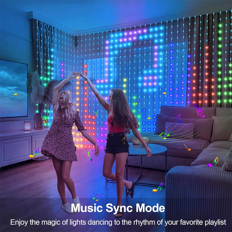 Our curtain lights can also set the rhythm of the dynamic display of music-synchronized LED lights. Easily adjust the lights to match the beat of your favorite music, creating a lively, energetic atmosphere. It is such a must-have decoration for all parties, dances, and festivals!