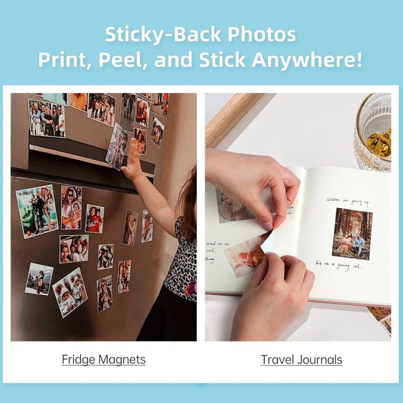 The Portable Photo Printer uses paper with an adhesive backing, allowing you to easily peel and stick your prints onto scrapbooks, custom photo albums, phone cases, K-pop photocards, journals, walls, or any surface you like. Perfect for personalized projects and creative displays!