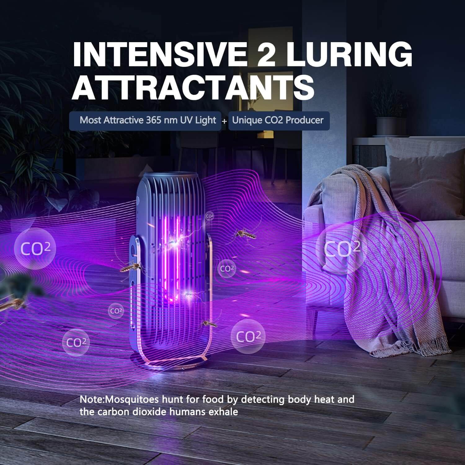 Build-in CO₂ generator continuously emitting high-concentration CO2, similar to human body. Combined with CCFL cold cathode UV light tube, achieve double luring effect, make the trapping efficiency is increased by 300%.