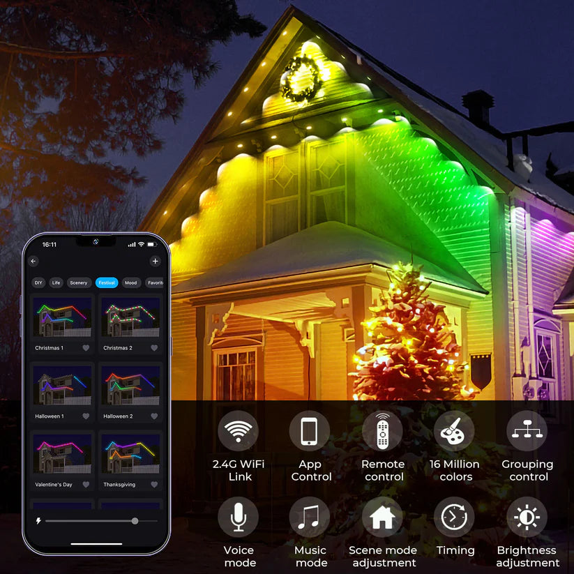 With 63 preset scene modes, 16 million colors. Use the app to control colors of each permanent outdoor light independently and set timer and modes to light up your house at night. Pair permanent lights with Alexa and Google Assistant for smart voice control. No hassle of hanging Christmas or holiday lights again.