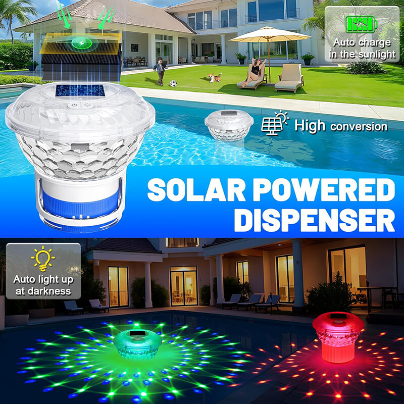 The nice combination of solar lights and chlorine floater. Automatically charge when there is enough sunlight during the day and automatically turn on the light at night, and presents fascinating light waves like a prism for 4-8 hours without any electricity, light up your surrounding.