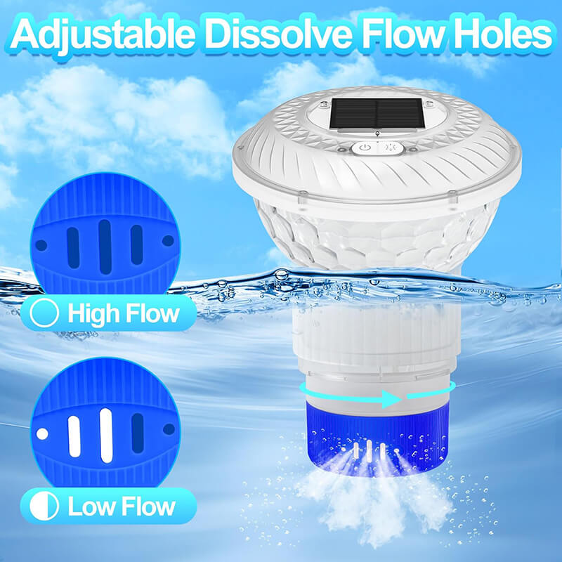 One 3" chlorine tablet (200g) can continue to dissolve for 10-12 days and can purify up to 8797gal/33300L of pool water. It has an adjustment for the width of the slots at the bottom, you can control how fast the chlorine gets into the pool according to your pool size. It means it can maintain water balance no matter its size or shape of your pool.