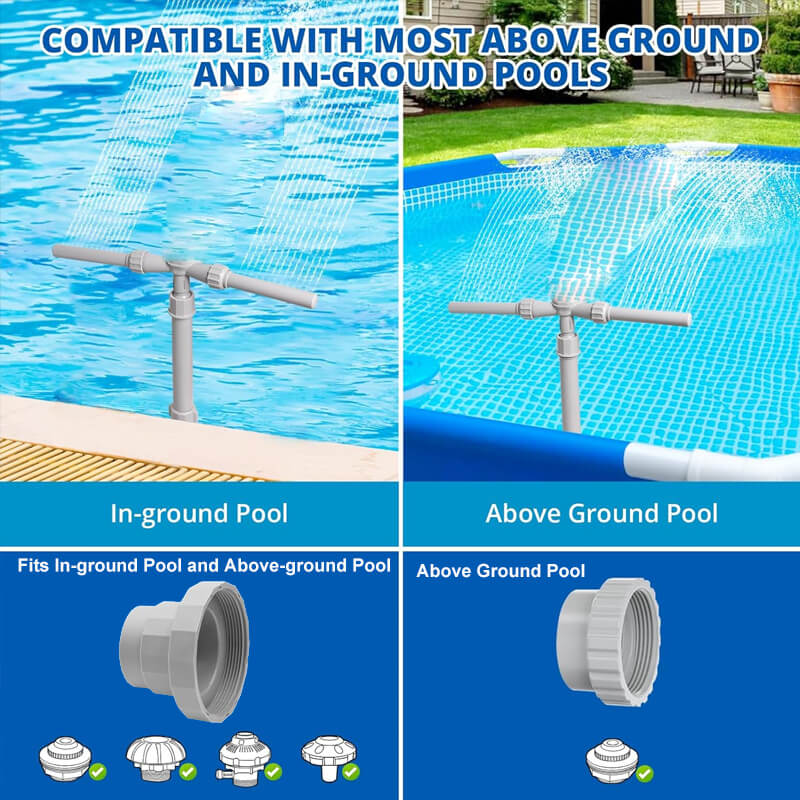 The Solar Pool Fountain with Lights is compatible with water pumps in the pool ranging from 0.75W to 1.5kW, making it suitable for a variety of pool and pond setups. With the right pump, it can spray water up to 16.4-26.25ft/5–8m high, creating a stunning visual effect that transforms your pool space.