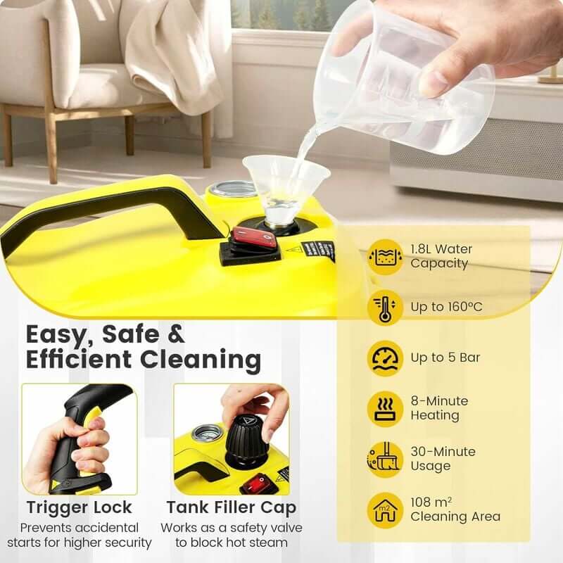 The 2L built-in tank of the steam cleaner offers ample capacity for extended cleaning sessions without the need for frequent refills. Allows you to finish thoroughly cleaning tasks without interruptions. And with trigger lock and tank filler cap, to ensure your use safety.