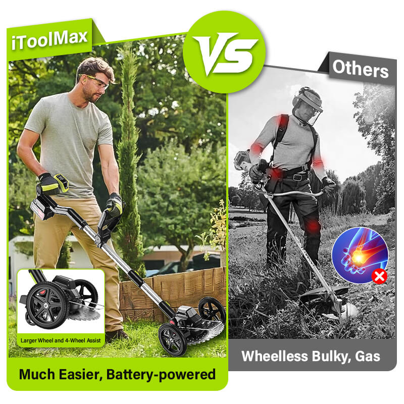 iToolMax weed eater pro has larger wheels, which not only reduces the pressure on your hands and back, but also makes pushing smoother and easier, making it easier to operate. You can also install auxiliary wheels at the bottom to make mowing easier and make the trimming smoother.