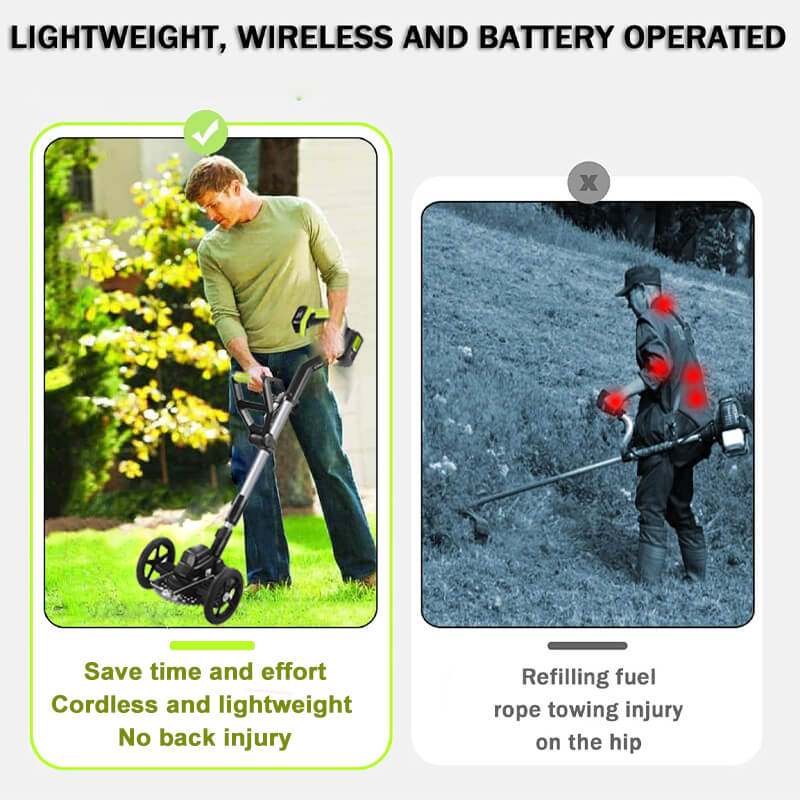 iToolMax 4 in 1 Cordless Weed Eater Pro, the wheels are larger and more stable, and added side trim small wheels. Brushless motor, 9000rpm speed, huge 9-inch blade, super high efficiency, can maintain up to 1 acre of grass in one day. Perfect for any yard and lawn.