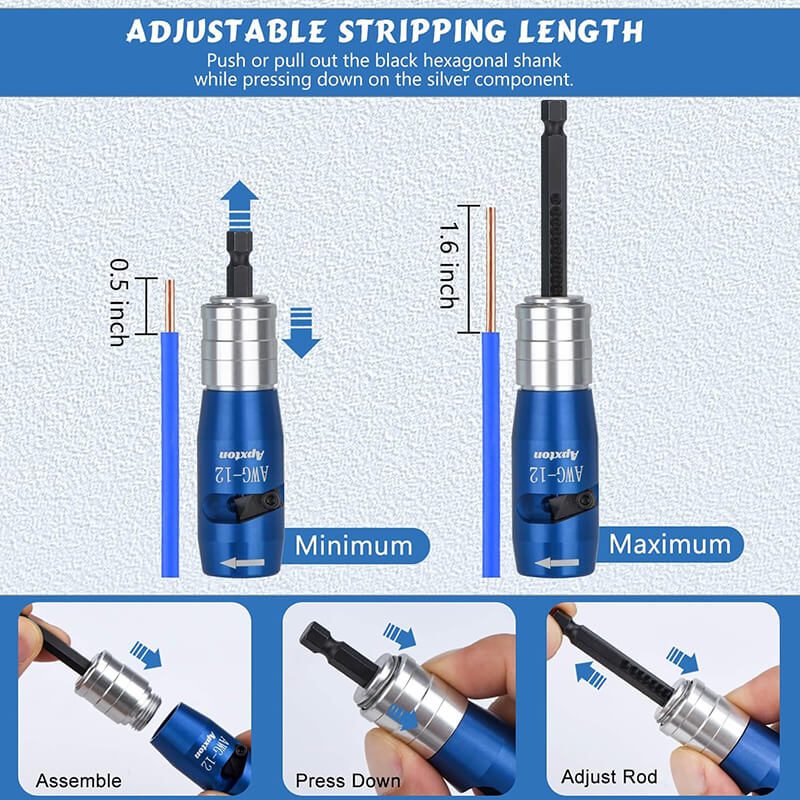 Our wire stripper has the telescopic connecting rod, can easily customize your stripping needs, you can adjust the stripping length 0.39-1.38in(10-35mm) according to your needs, the stripping of the wire is easier, improve your work efficiency.