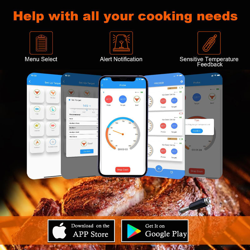 The "PROBER" APP of meat thermometer comes with ten built-in recipes such as beef, veal, lamb, and chicken. You can also add new menus to customize the temperature and receive alerts from the Bluetooth meat thermometer. It will beep once the preset food temperature is reached, to remind you.