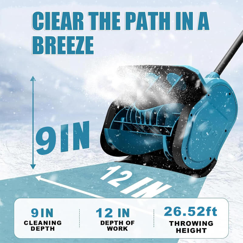 Clearing up to 12 inches wide and 9 inches deep while throwing snow up to 26.25 ft/8m, much faster and wider cleaning coverage than other cordless snow shovel.