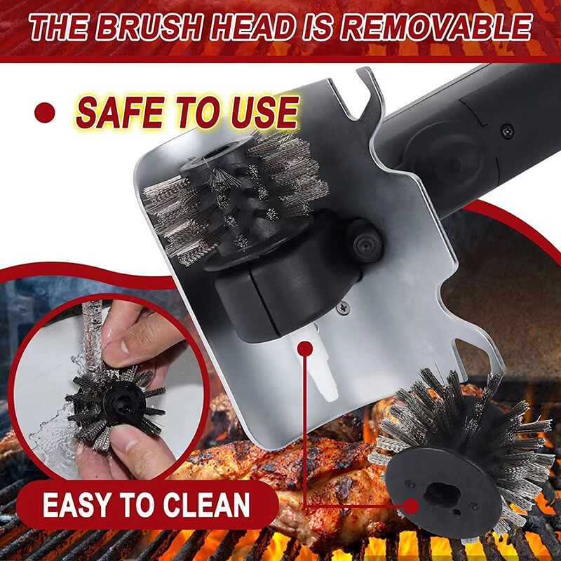 The ergonomic handle is cool to touch, no burns. Comes with extra 2pcs replaceable brush heads, easy to remove and wash. Made of strong stainless steel wires, easily clean each bar, no rust or mildew. And can prevent falling off and dangerous contact with hot grilled objects. The scraper can be as metal cover to avoid residue from splashing, safer to use.