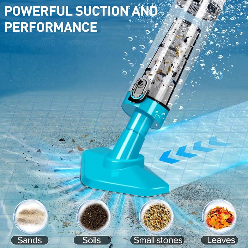 The powerful motor and roller bristle design allows this vacuum to easily dislodge and suction up debris accumulating in your pool, 10W motor, maximum inhalation flow rate 20L/min, from small leaves down to insects, silt, and pollen, The handheld pool vacuum will dispose of them all with ease.